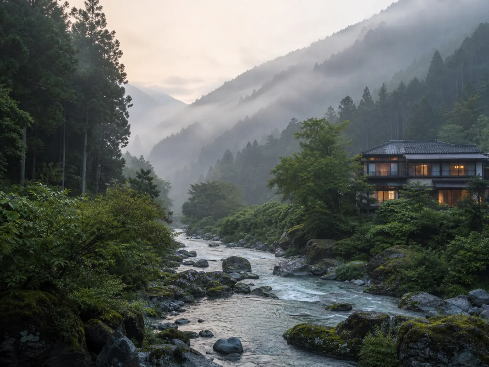朝もやに包まれた山あいの渓谷と苔むした岩の間を流れる清流