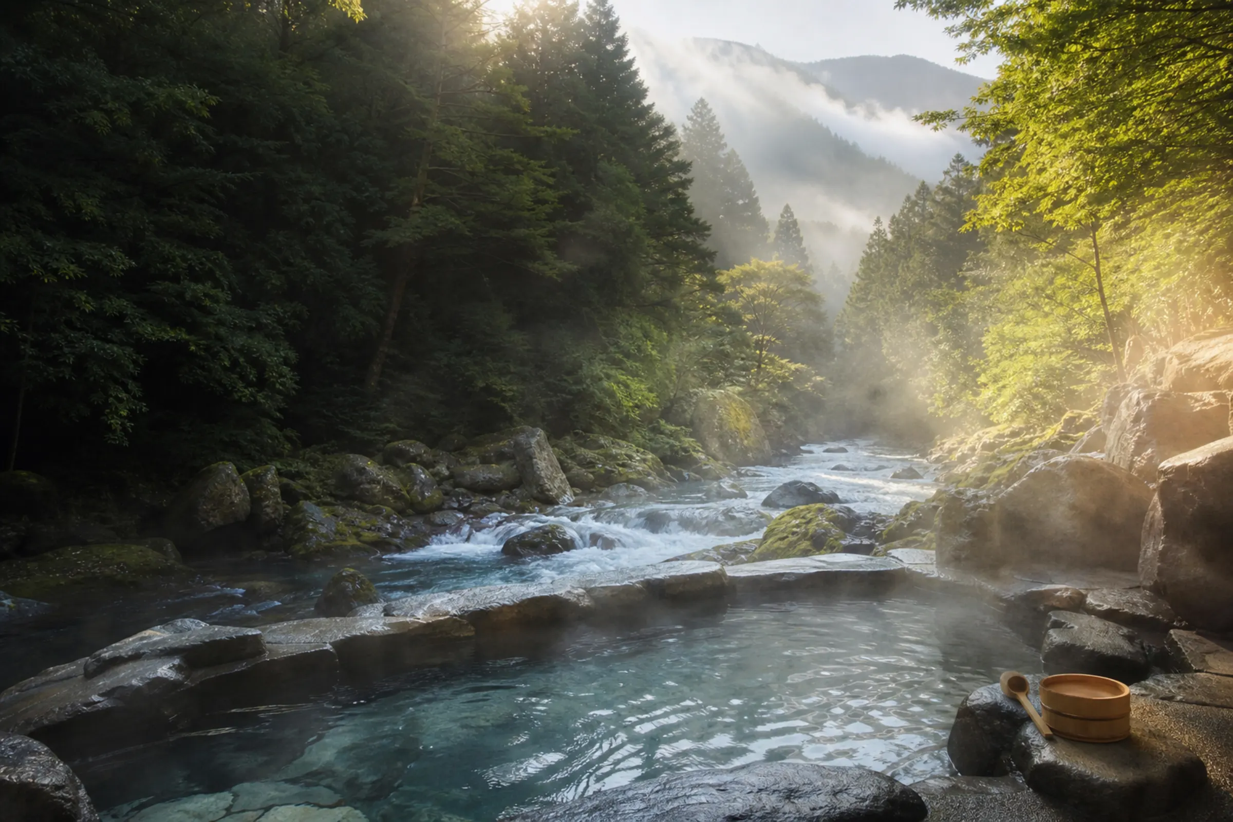 渓流のほとりで湯気が立ちのぼる源泉かけ流しの露天風呂と、朝もやのかかる緑深い山並み