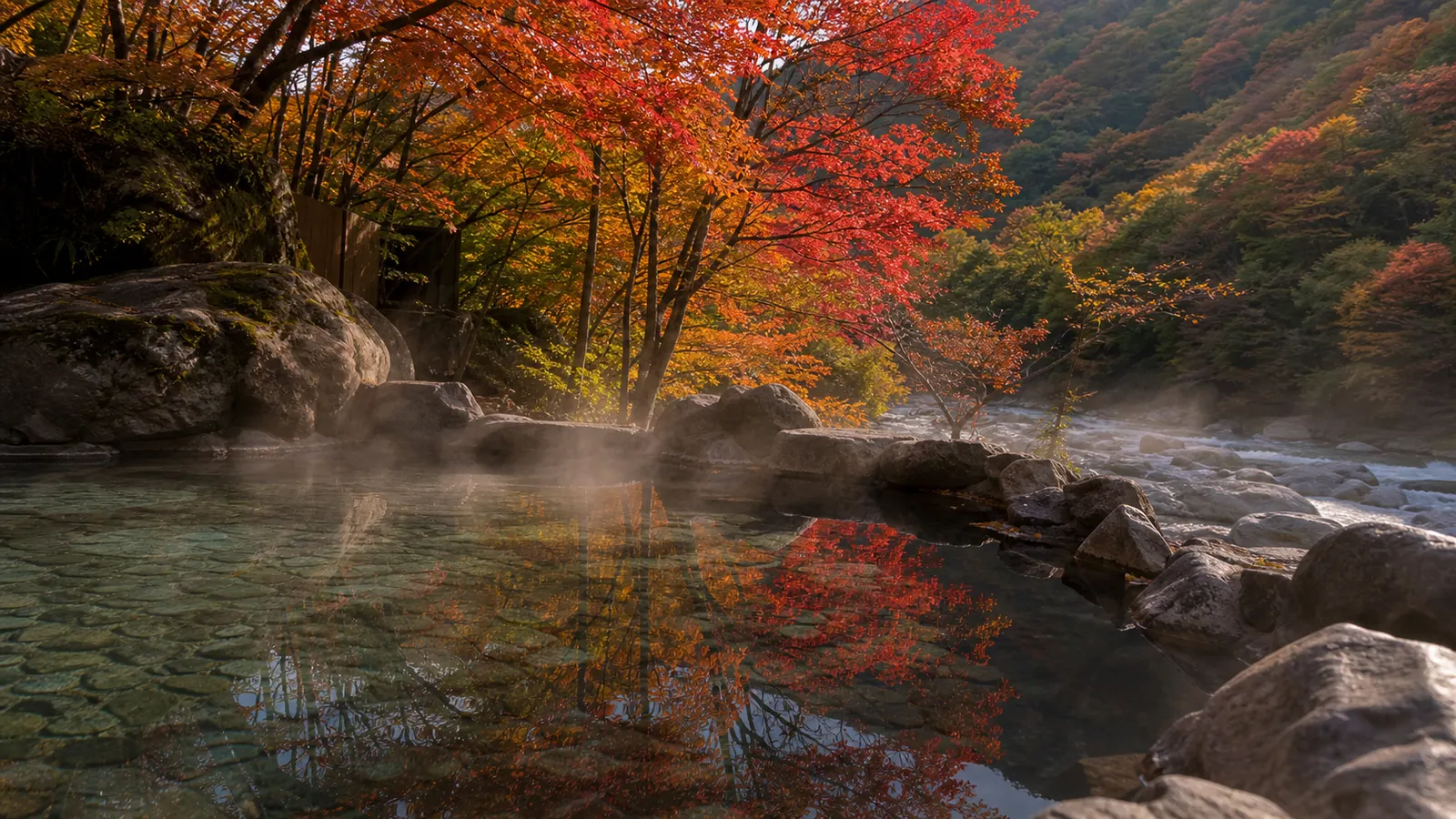 紅葉に囲まれた川沿いの岩露天風呂
