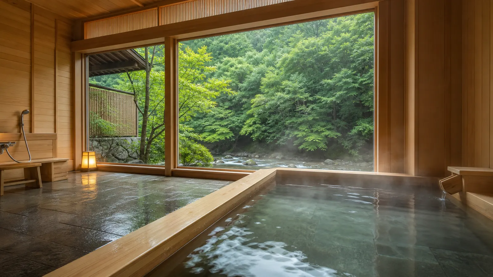 緑を望む大きな窓のある檜の内湯