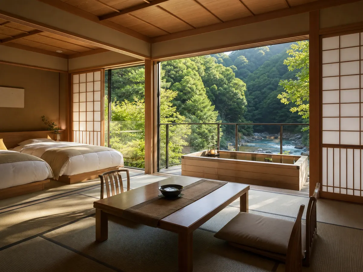 渓流を望む露天風呂付きの和洋室