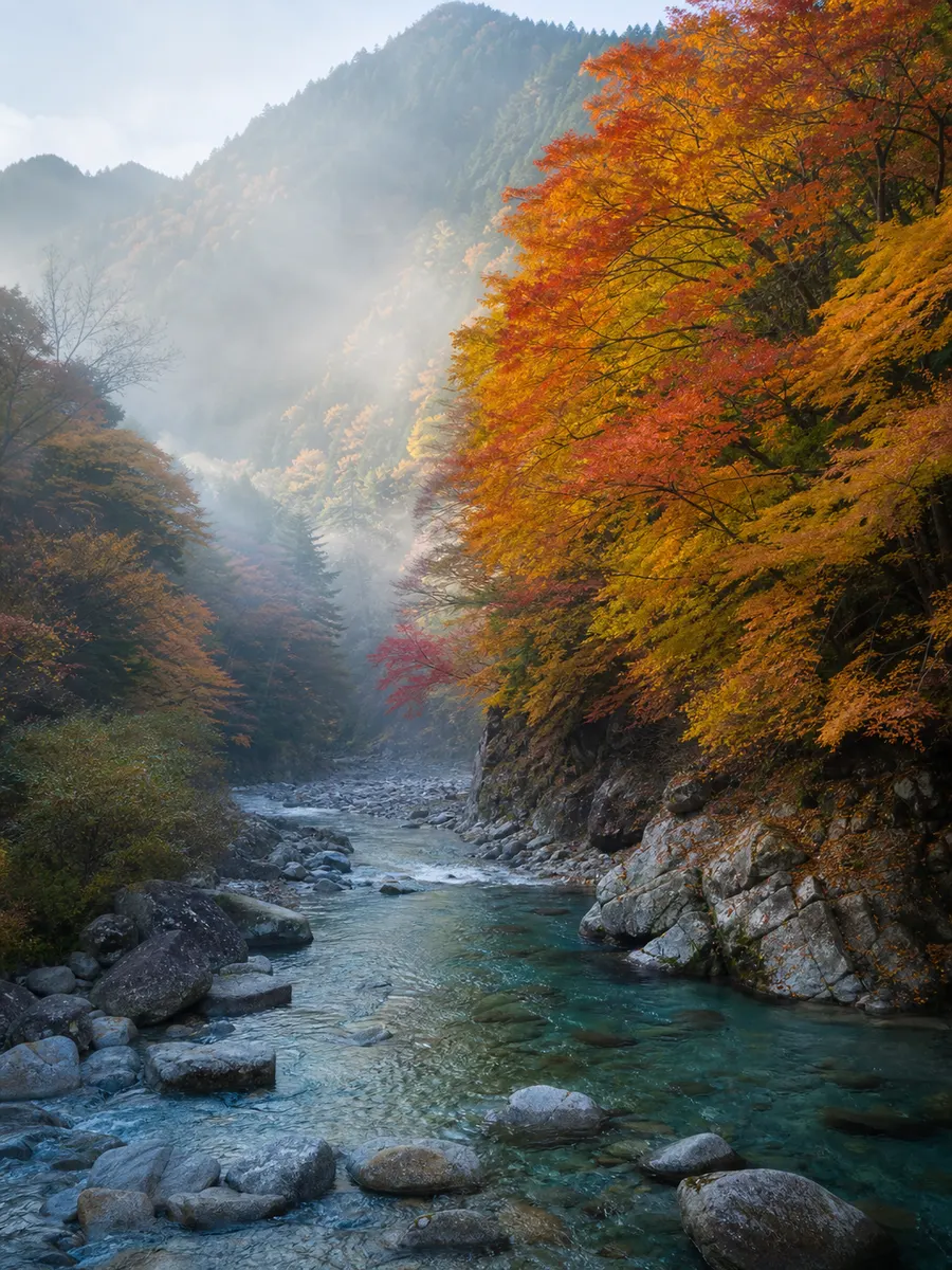 赤や黄の楽葉と朝霧に包まれた秋の山間の渓谷