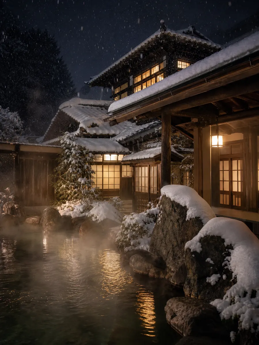 雪の夜に温かな灯りがともる木造旅館と雪見露天風呂